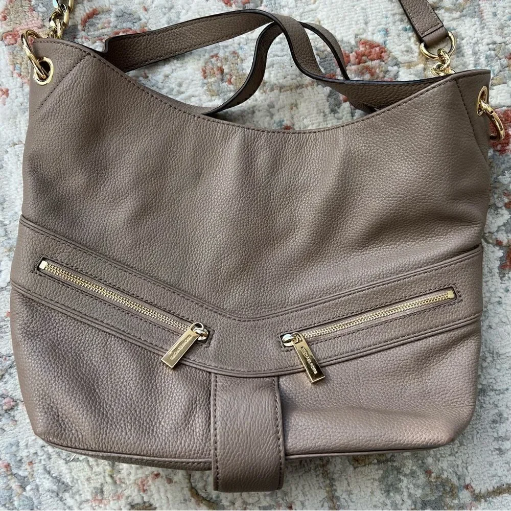 Michael Kors Jamesport Leather Hobo Large Shoulder Bag Taupe Tan Nude Gold